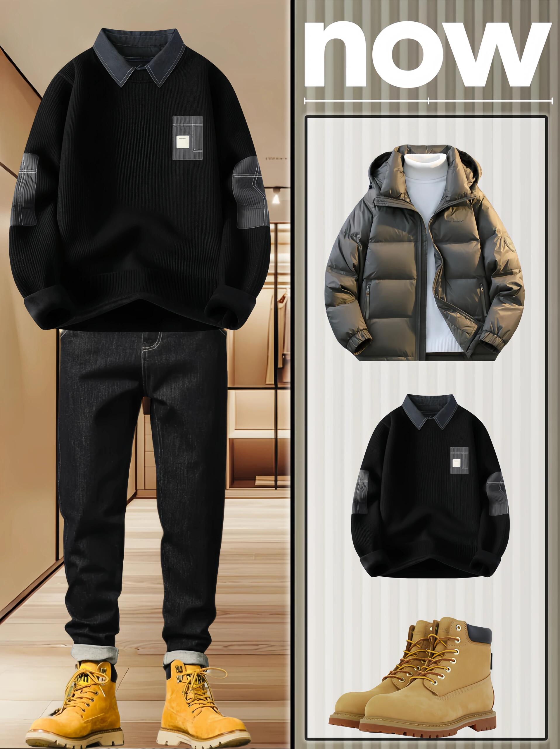 冬日型男生必备：高级一体绒圆领毛衣