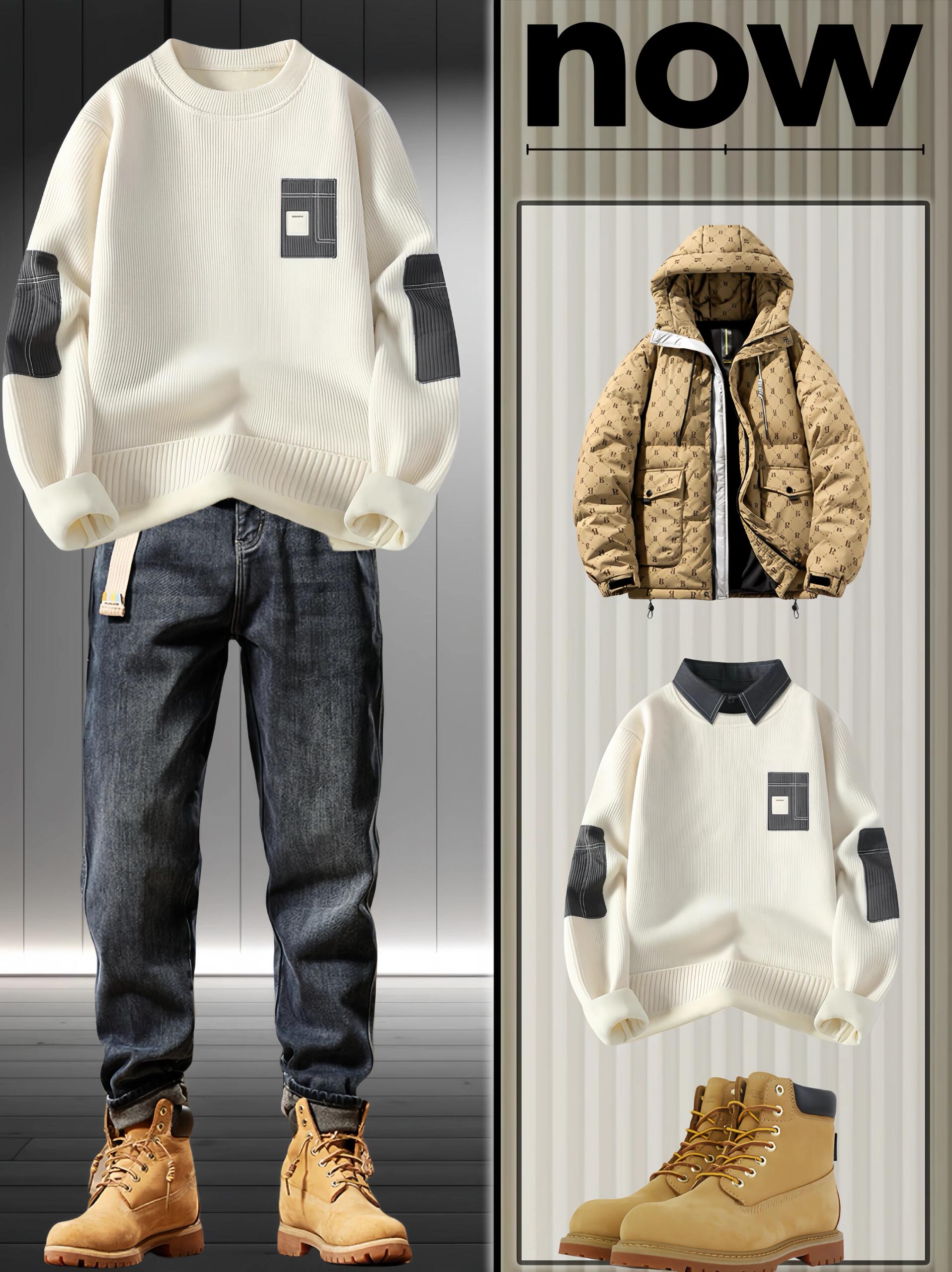 冬日型男生必备：高级一体绒圆领毛衣